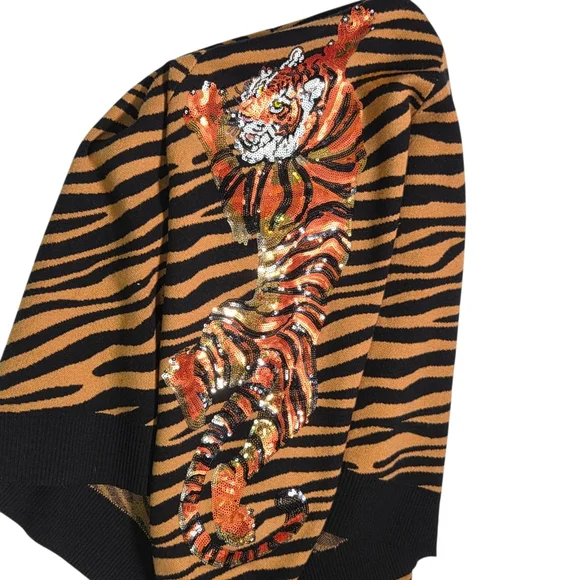Queen of Sparkles Tiger Stripe Cardigan Sequin Tigers Black Camel Medium - Picture 10 of 14